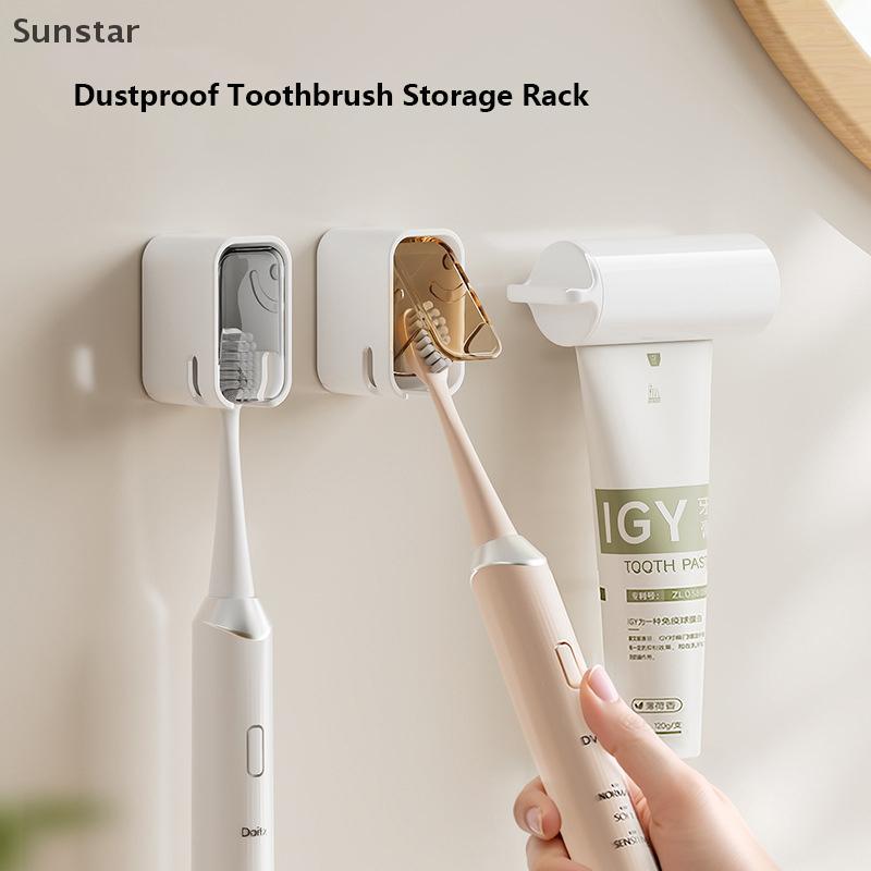 Sunstar ผู้ถือแปรงสีฟันติดผนังกันฝุ่นพร้อมฝาปิด Self กาวแปรงสีฟัน Organizer สําหรับห้องอาบน้ํา