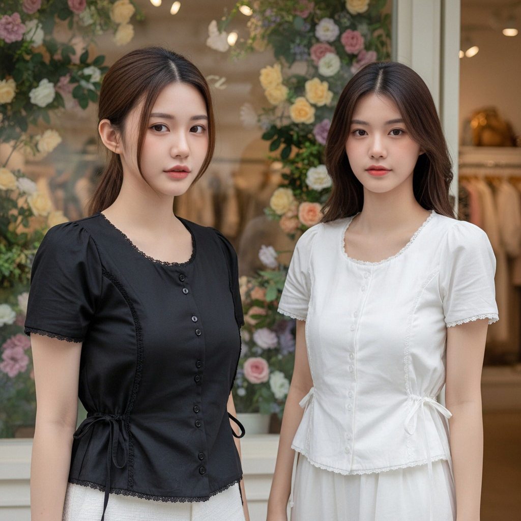 เสื้อเบาส์ทรงเข้ารูปแต่งเชือกผูกเอวสองข้างช่วยให้รูปร่างดูเพรียวสวย