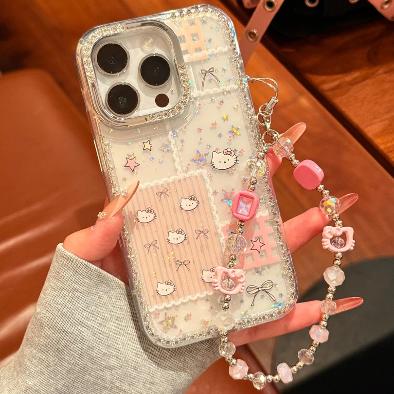 สร้อยข้อมือแมว kt ลายสก๊อตเหมาะสําหรับ Apple 16/17Promax เคสโทรศัพท์ IP15 กระพริบเพชร Star 14/13 สาม
