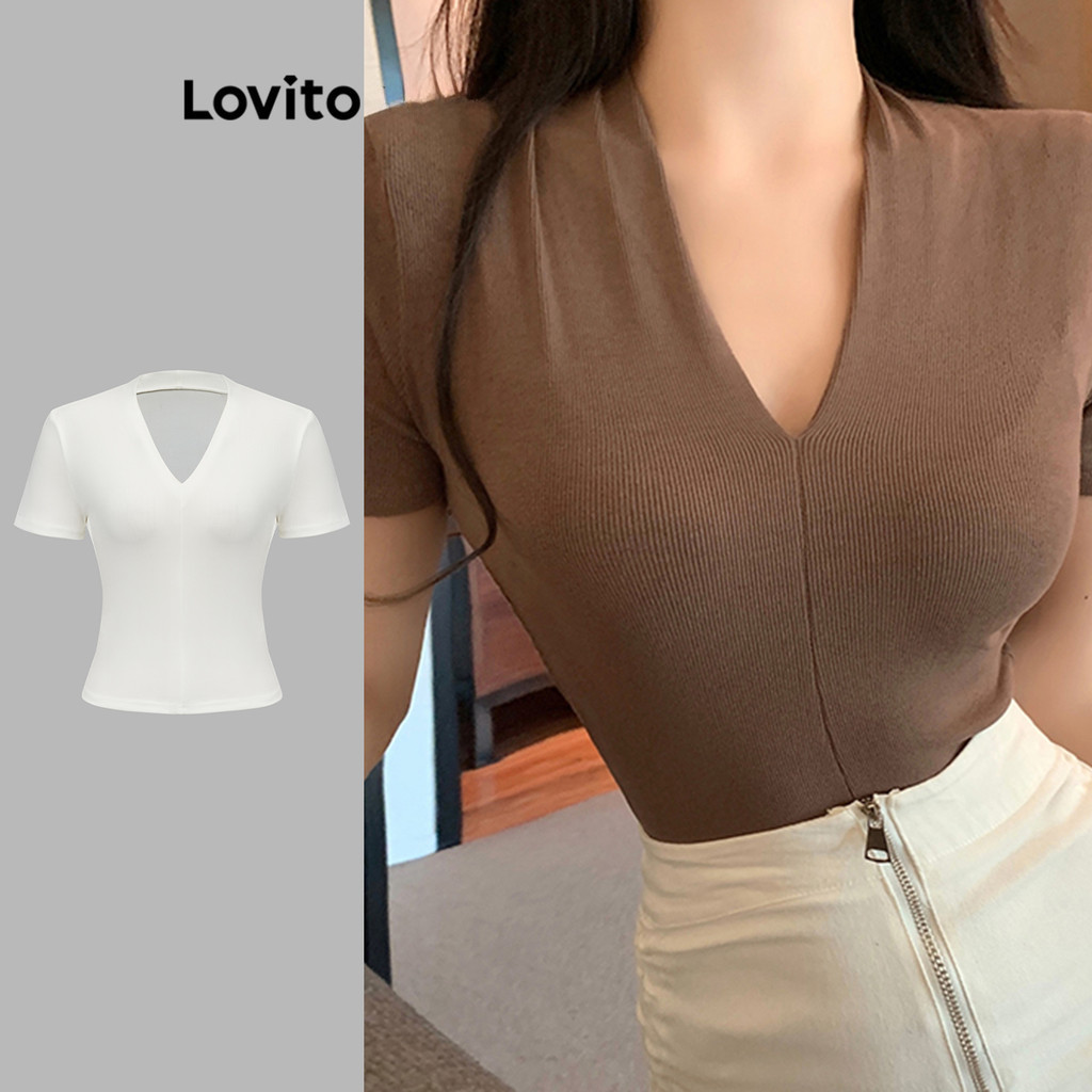 Lovito เสื้อยืดลําลอง เสื้อยืดแขนสั้นคอวีสีพื้นสําหรับผู้หญิง LNA10125 (หลากสี)