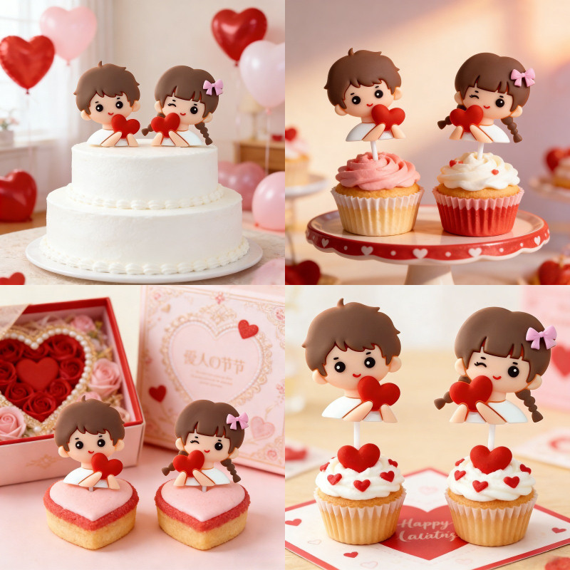 ท็อปเปอร์เค้กหุ่นหัวใจคู่วันวาเลนไทน์: PVC นุ่ม Love Themed Decor สําหรับขนมหวานโรแมนติก