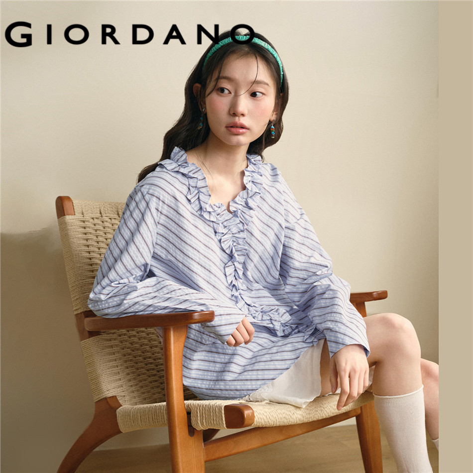 GIORDANO WOMEN Seersucker striped ruffle trim long sleeve shirt 18346902
