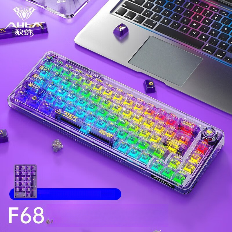 คีย์บอร์ดเครื่องกลรุ่น F68 “AULA” แบบโปร่งใส ปรับแต่งได้ ไร้สาย 3 โหมด บลูทูธ สวิตช์เปลี่ยนได้ สำหรั