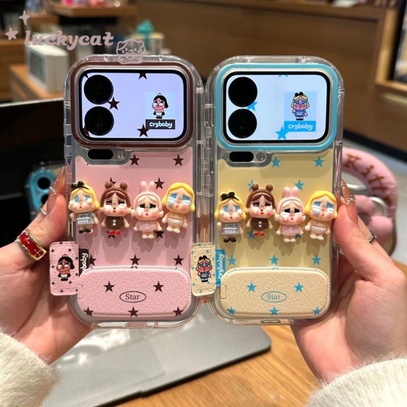 3D DIY เด็กน่ารัก Star รูปแบบเคสโทรศัพท์ + กระจกหนังสําหรับ iPhone 16 15 14 13 12 11 Pro Max X Xr Xs Max 7 8 Plus SE2020