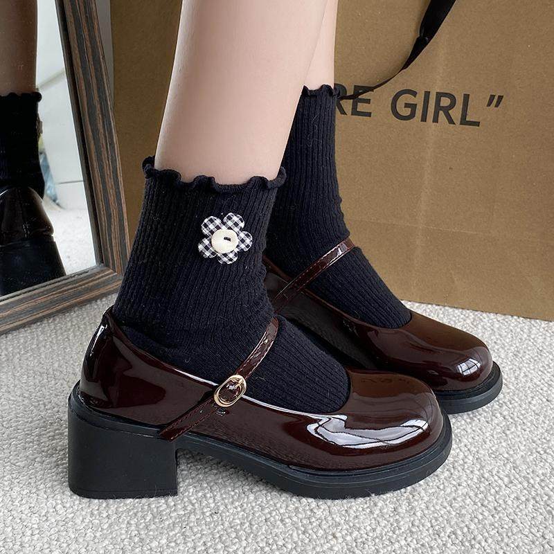 mary jane shoes รองเท้า mary jane marry jane shoes French Mary Jane รองเท้าแฟชั่นหนังขนาดเล็ก ส้นหนา