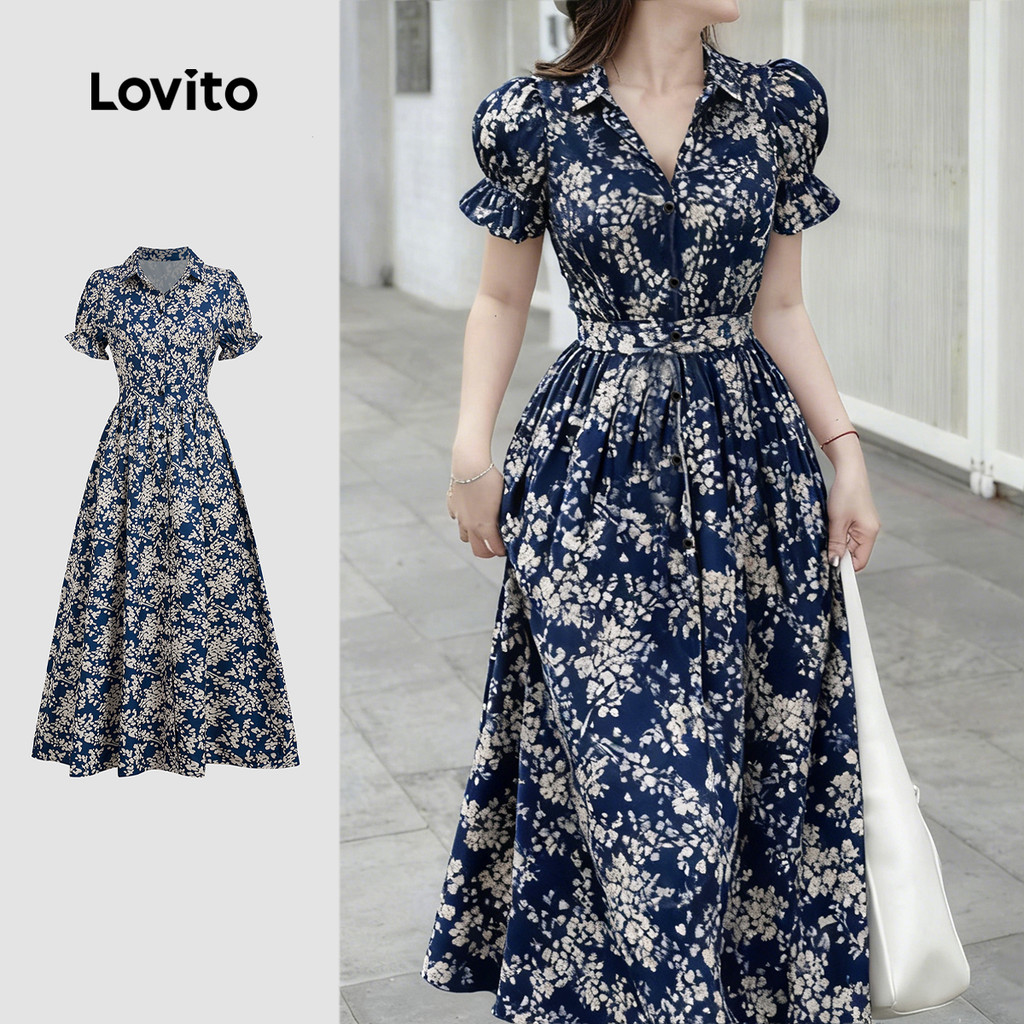 Lovito ชุดเดรสลําลองลายกระดุมชุดเดรสหลากสีฤดูใบไม้ผลิ/ฤดูร้อนสําหรับผู้หญิง L135ED364 - รูปที่ 5