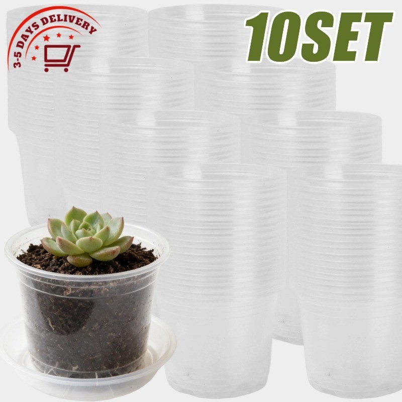 [จัดส่ง 3-5 วัน]กระถางดอกไม้พลาสติกใส 10 ชิ้นพร้อมรูระบายน้ําและถาด | กระถางเพาะชําแบบใสนํากลับมาใช้ใหม่ได้สําหรับกล้วยไม้กระบองเพชร|ภาชนะบรรจุต้นกล้าระบายอากาศ