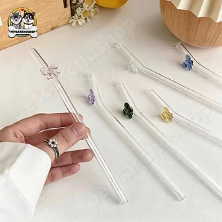 หลอดลายโบว์ หลอดแก้วประดับโบว์ หลอดลายผีเสื้อ หลอดดื่มแบบใช้ซ้ำได้ ทนต่ออุณหภูมิ
