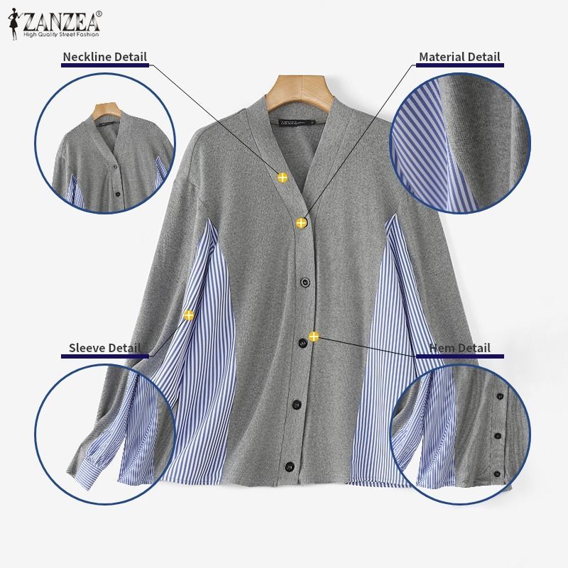 ZANZEA ผู้หญิงเกาหลีฤดูใบไม้ร่วงฤดูหนาว Niche Design V คอยาวแขนยาวลาย Patchwork เสื้อสเวตเตอร์ถักหลวม — صورة 7