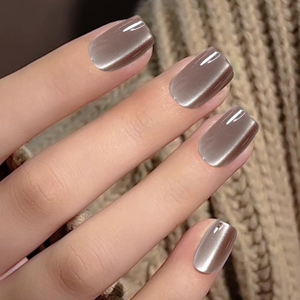 Light Coffee Cats Eye Wears Nail Patch ทําด้วยมือกดบนเล็บเล็บปลอมฟรี T7g1