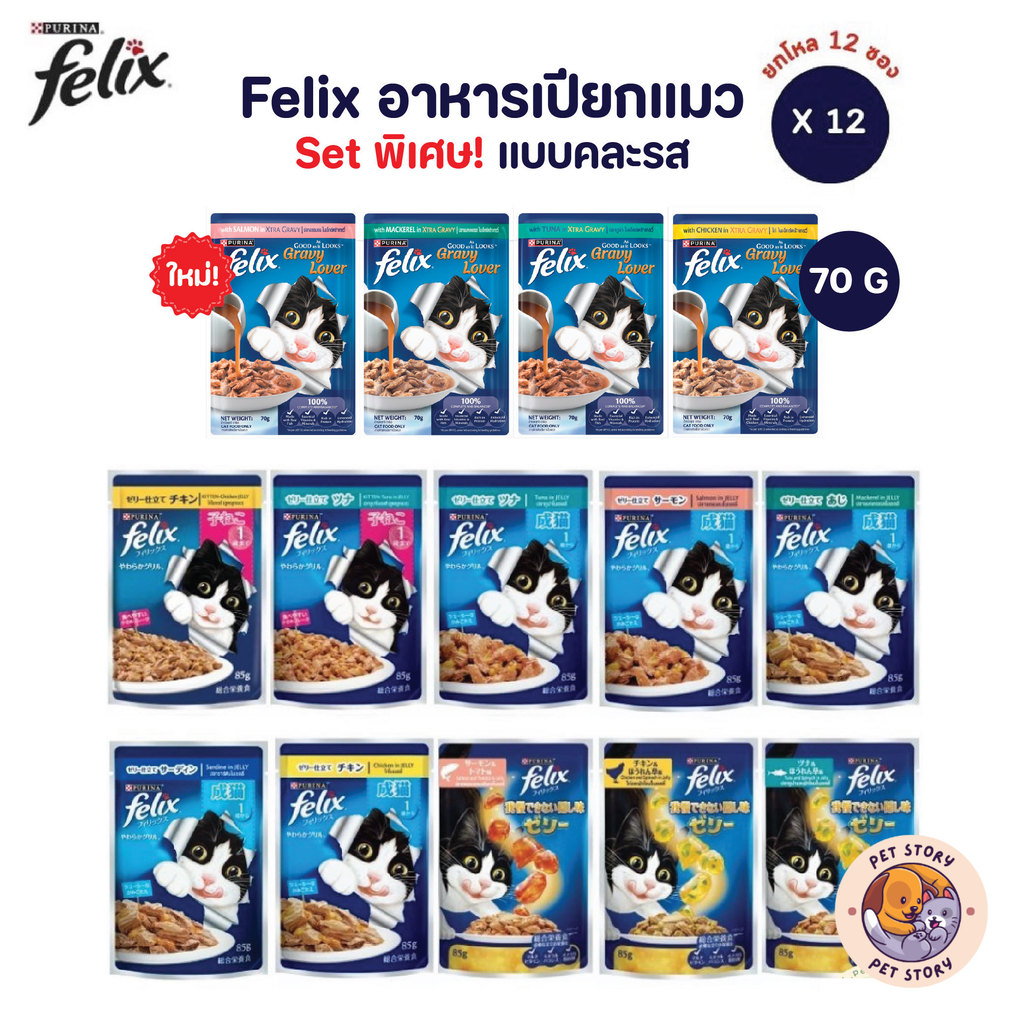[พิเศษ!! Set คละรส] FELIX เฟลิกซ์ อาหารเปียกแมว แบบคละรสชาติ ขนาด 70 กรัม ยกโหล 12 ซอง