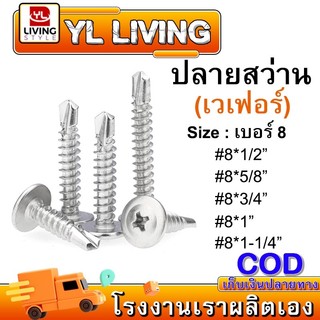 ส่งด่วน 100ตัว เบอร์ 8 สกรูปลายสว่าน มีให้เลือกหลายขนาด สกรูปลายสว่านเวเฟอร์ หัวหมวก แบบ เหล็กชุบขาว และ สแตนเลส