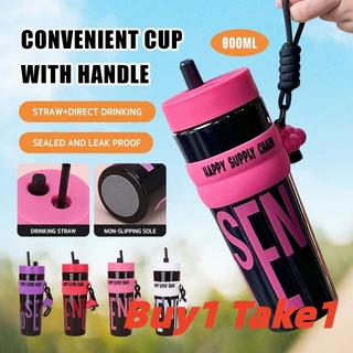 ღ 【ซื้อ 1 แถม 1】 ขวดน้ำกันรั่วซึม 900 มล. พร้อมหลอดดูดและเชือกสำหรับพกพา เหมาะสำหรับเดินทางและเล่นกีฬา