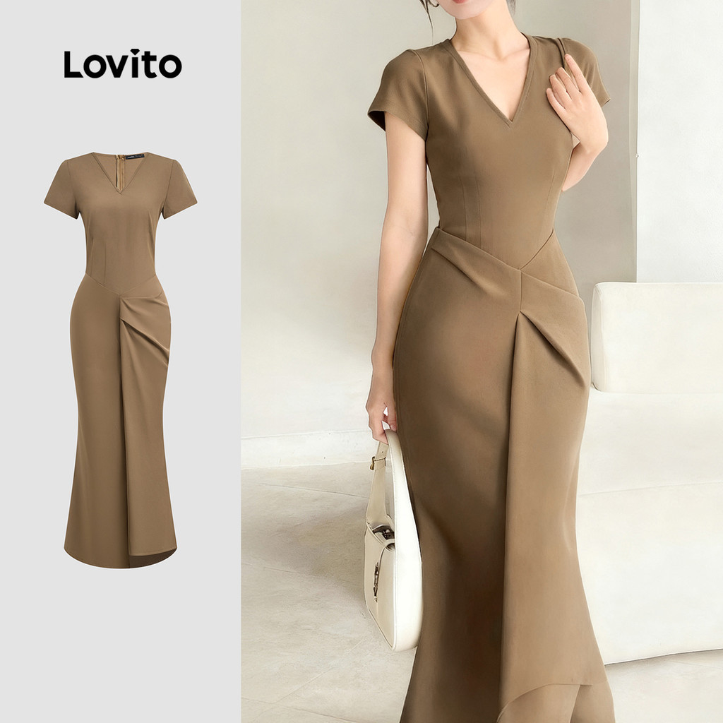 Lovito เดรสลําลองจับจีบไม่สมมาตรฤดูใบไม้ผลิ/ฤดูร้อนสําหรับผู้หญิง สีกากี L171ED1021