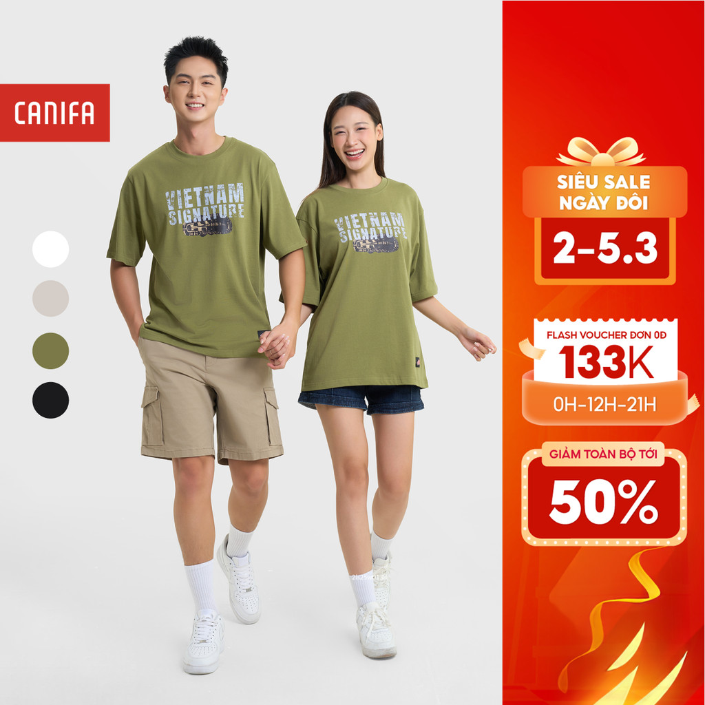 CANIFA S เสื้อยืดผู้ใหญ่ unisex รูปทรงกล่องพิมพ์คํา Khe Sanh 5TS25S031