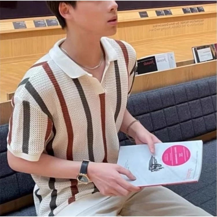MNO.9 Knit Polo Shirt A621 เสื้อโปโลคอปกแขนสั้น ผ้าทอตาข่ายลายทาง เสื้อแฟชั่นชาย Man Clothing แฟชั่นชาย 2026