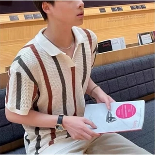 MNO.9 Knit Polo Shirt A621 เสื้อโปโลคอปกแขนสั้น ผ้าทอตาข่ายลายทาง เสื้อแฟชั่นชาย Man Clothing แฟชั่นชาย 2026