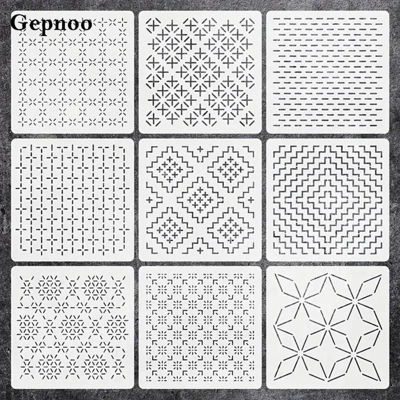 [Gepnoo] Sashiko Template Kit PET วัสดุเย็บปักถักร้อยรูปแบบ Stabilizer การออกแบบเรขาคณิตสําหรับเย็บ 
