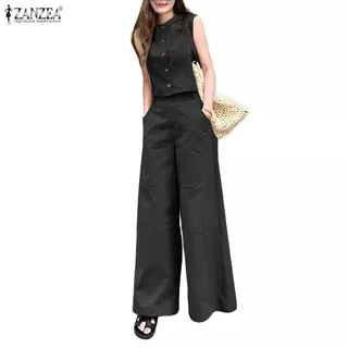 ZANZEA ชุดสองชิ้นสำหรับผู้หญิง สไตลมินิมอลเกาหลี ลูกเรือนอกคอเดียว แขนกุดเอวสูง