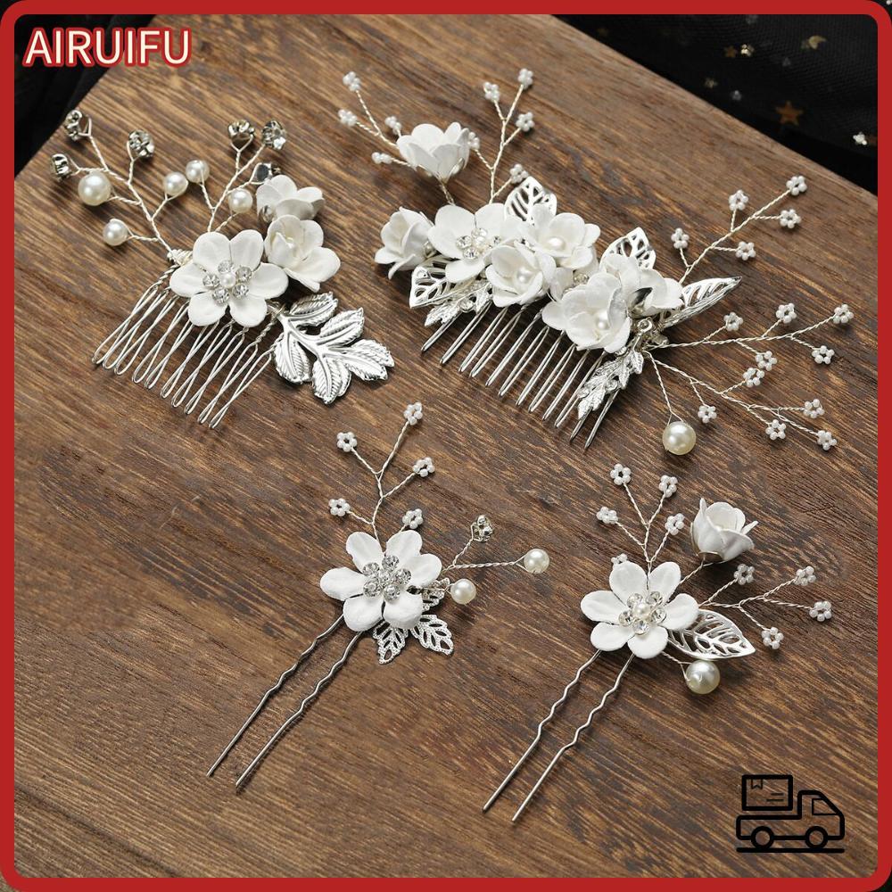 AIRUIFU ดอกไม้ผม Pin งานแต่งงานใบ Tiara สวยหรูหราคลิปเจ้าสาว