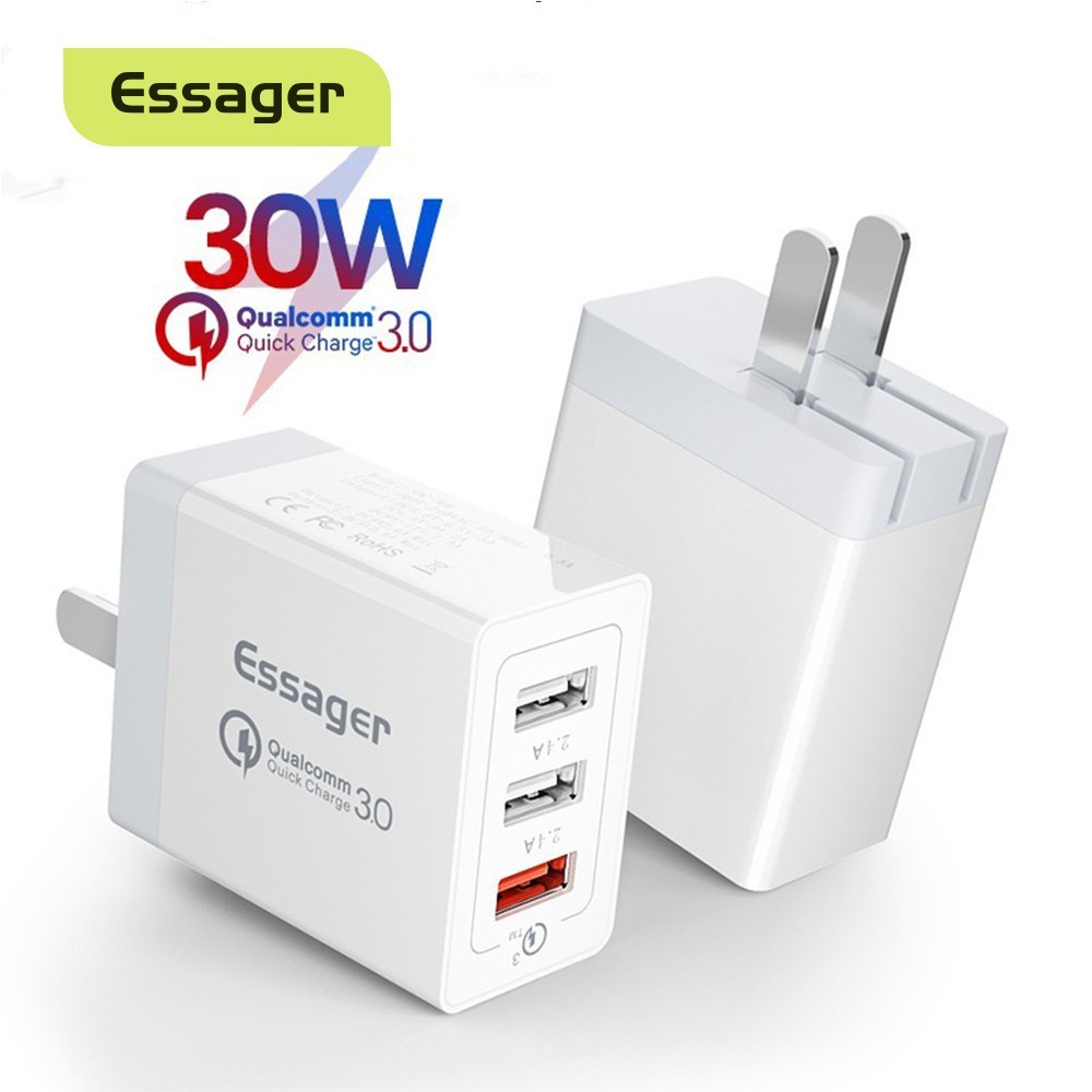 Essager 30W QC3.0 QC 4.0 3USB QC + Dual 2.4A หัวชาร์จ Fast CHARGING Multi Plug สําหรับ Oppo a5s vivo iP 12 โทรศัพท์