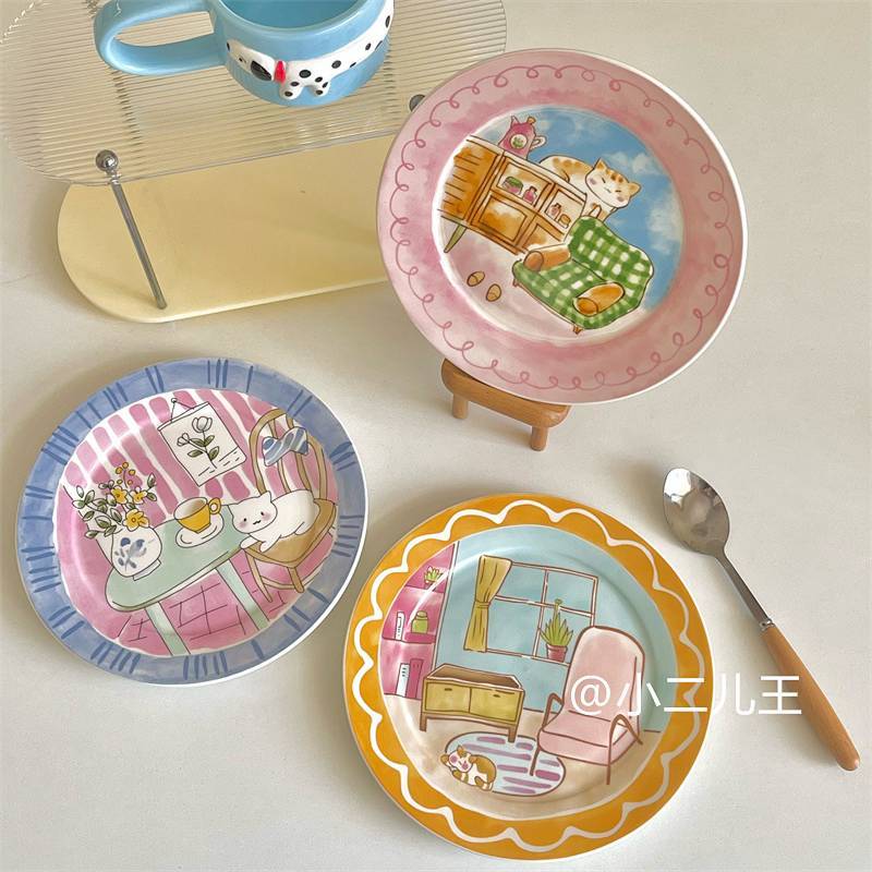 Cute Korean Household Tableware Dessert Plate Breakfast Plate Ceramic Flat Plate MWBF