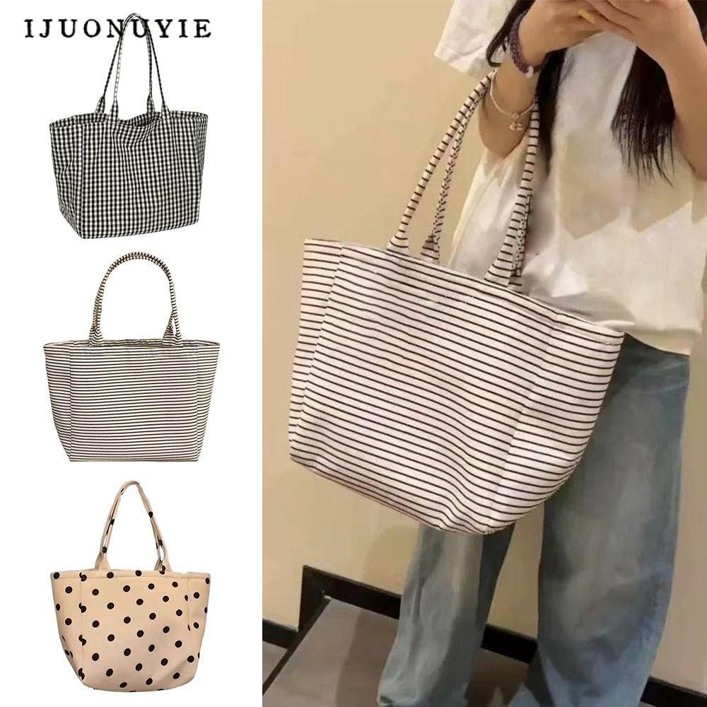 กระเป๋า Tote ผ้าแคนวาส เช็คพิมพ์ลายทางและดอท พกพาสะดวก มีความจุขนาดใหญ่ สไตล์เกาหลี
