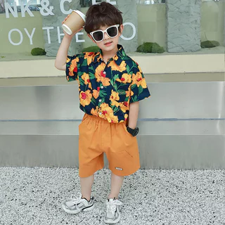 ชุดเด็กผู้ชายแฟชั่น เสื้อเชิ้ตลายดอก + กางกางขาสั้น ลุคเท่ สไตล์ฮ่องกงวินเทจ