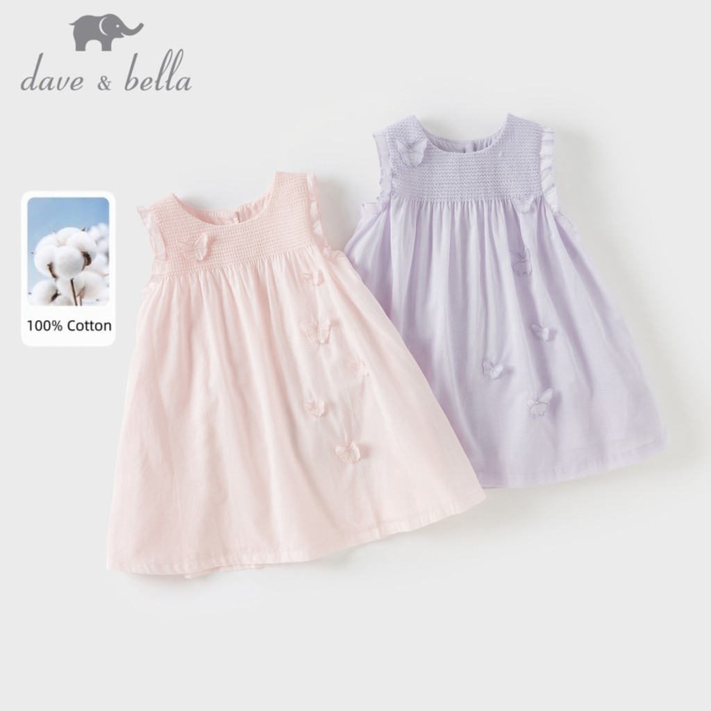 Dave Bella 9M-12Y เดรสแขนกุด เด็กหญิง 100%Cotton ฤดูร้อน การตกแต่งรูปผีเสื้อสามมิติ น่ารัก DB2234181