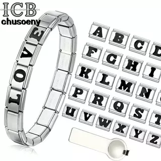 สร้อยข้อมือcharm สแตนเลส ICB ขนาด9 มม. ตกแต่งด้วยตัวอักษรสีดำสไตล์อิตาเลียน เหมาะสำหรับทำเป็นเครื่องประดับ