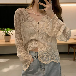 คาร์ดิแกนลายลูกไม้สำหรับผู้หญิง แบบแขนพลิ้ว น้ำหนักเบาทรงฟิกเรียว สไตล์ฝรั่งเศส ไม่จำเป็นต้องใส่ภายใต้