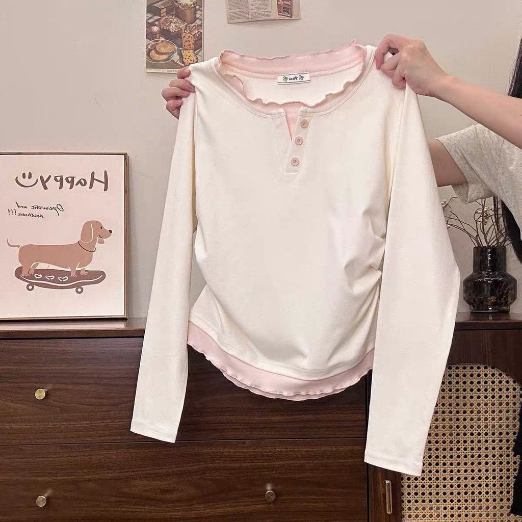 สาวเสื้อผ้าฤดูใบไม้ผลิปลอมสองชิ้นแขนยาวเสื้อยืดข้าวเหนียวนุ่มเป็นมิตรกับผิวขนาดกลางขนาดใหญ่เด็กฤดูกาลหวานท็อปส์ใน