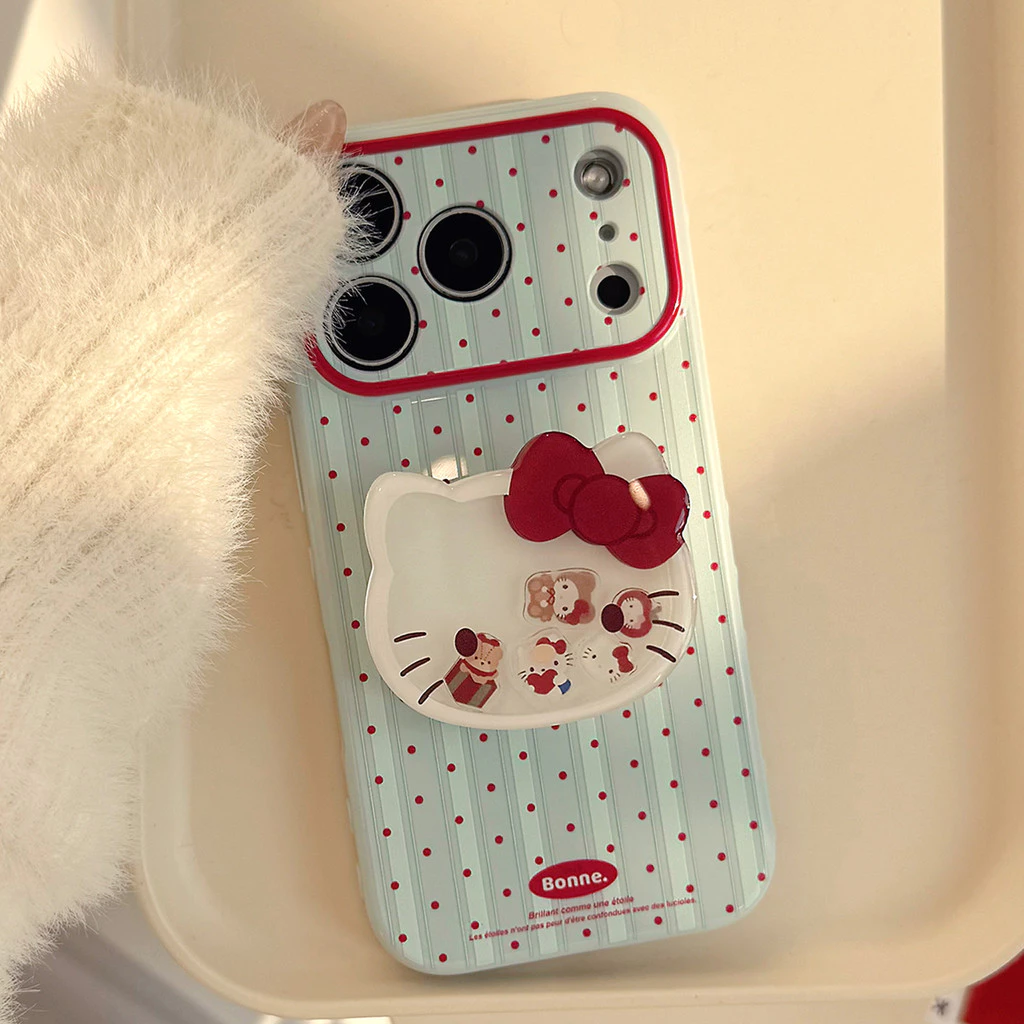 น่ารักการ์ตูน KT แมวเคสโทรศัพท์สําหรับ IPhone 17 PRO MAX 16 15 14 13 12 11 PRO MAX 3D Love Heart ถุงลมนิรภัยกันกระแทกกันชน Soft TPU ปกหลังพร้อมตุ๊กตาผู้ถือขาตั้ง
