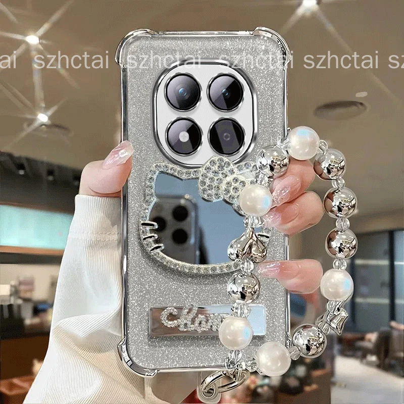 เคสสําหรับ Redmi Note 15 Note 15 Pro Redmi Note 15 Pro Plus สี่มุมเคสโทรศัพท์กันกระแทก 3D น่ารักเพชรแมวกระจกแต่งหน้าวงเล็บพับได้พร้อมสร้อยข้อมือใหม่เคสนุ่ม