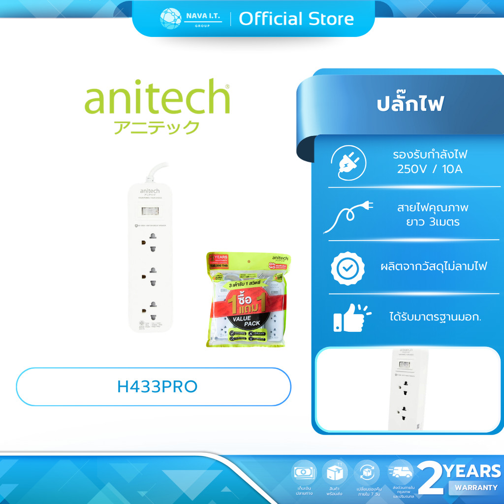 (มีส่งด่วน) ANITECH H433-PRO ปลั๊กไฟ พร้อมเบรกเกอร์นิรภัยตัดไฟ กรณีใช้ไฟเกิน ประกัน 2 ปี
