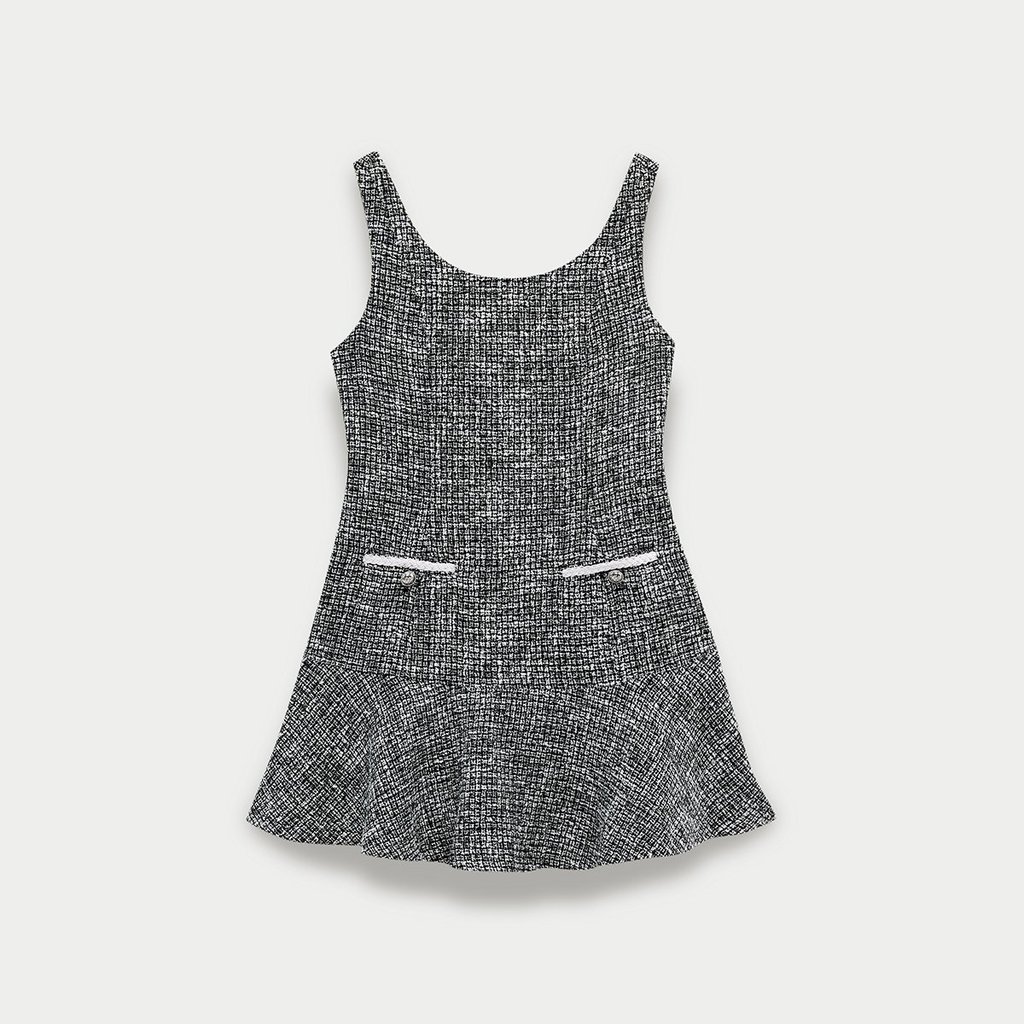 [Pomelo] มินิเดรสผ้าทวีดแขนกุดชายกระโปรงระบายบาน / Sleeveless Scoop Neck Tweed Mini Dress — صورة 5