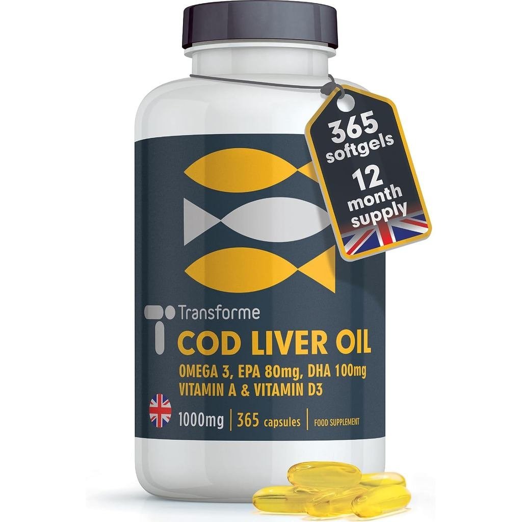 แคปซูลน้ำมันปลา Cod Liver Oil ขนาด 1000 mg, 365 ซอฟเจล ออมEGA 3 สำหรับสุขภาพหัวใจ, สมอง, และสายตา ปร