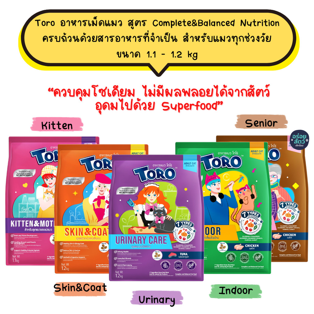 Toro โทโร่ อาหารเม็ดแมว สูตร Complete&Balanced ครบถ้วนด้วยสารอาหารที่จำเป็น สำหรับแมวทุกช่วงวัย ขนาด 1.1 - 1.2 kg