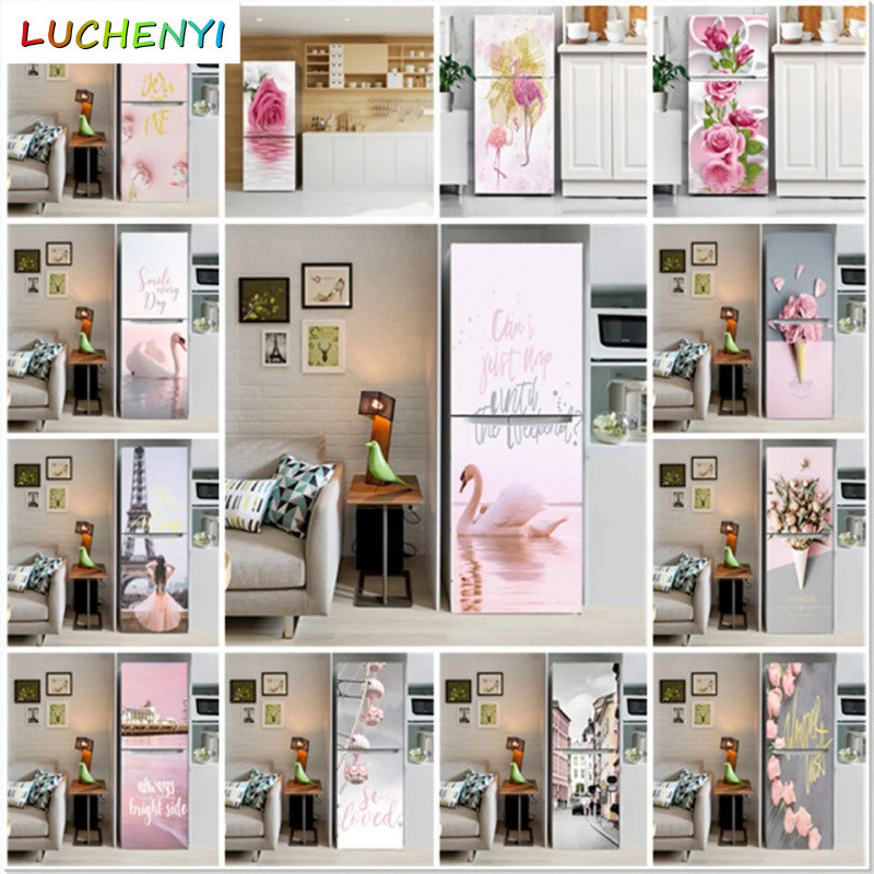ห้องครัวที่กําหนดเองตู้เย็นสติกเกอร์ดอกไม้สีชมพูหงส์ตู้เย็นวอลล์เปเปอร์ติดด้วยตนเองตู้แช่แข็งตกแต่งรูปลอกภาพจิตรกรรมฝาผนังประตูสติก