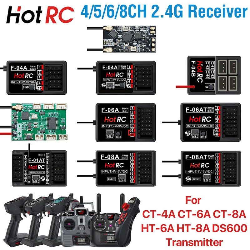 HotRC 4/5/6/8CH RC ตัวรับสัญญาณ 2.4GHz หลายช่องตัวรับสัญญาณ Gyro Long Range สําหรับ CT-4A CT-6A CT-8