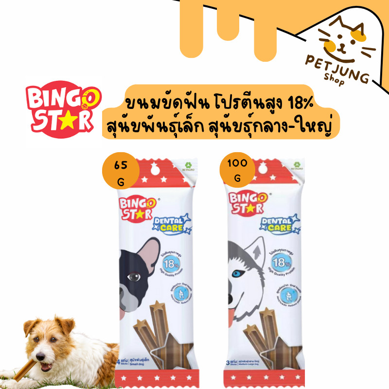 Bingo Star Dental Care  ขนมขัดฟัน โปรตีนสูง 18% สุนัขพันธุ์เล็ก สุนัขธุ์กลาง-ใหญ่ 65 - 100 กรัม