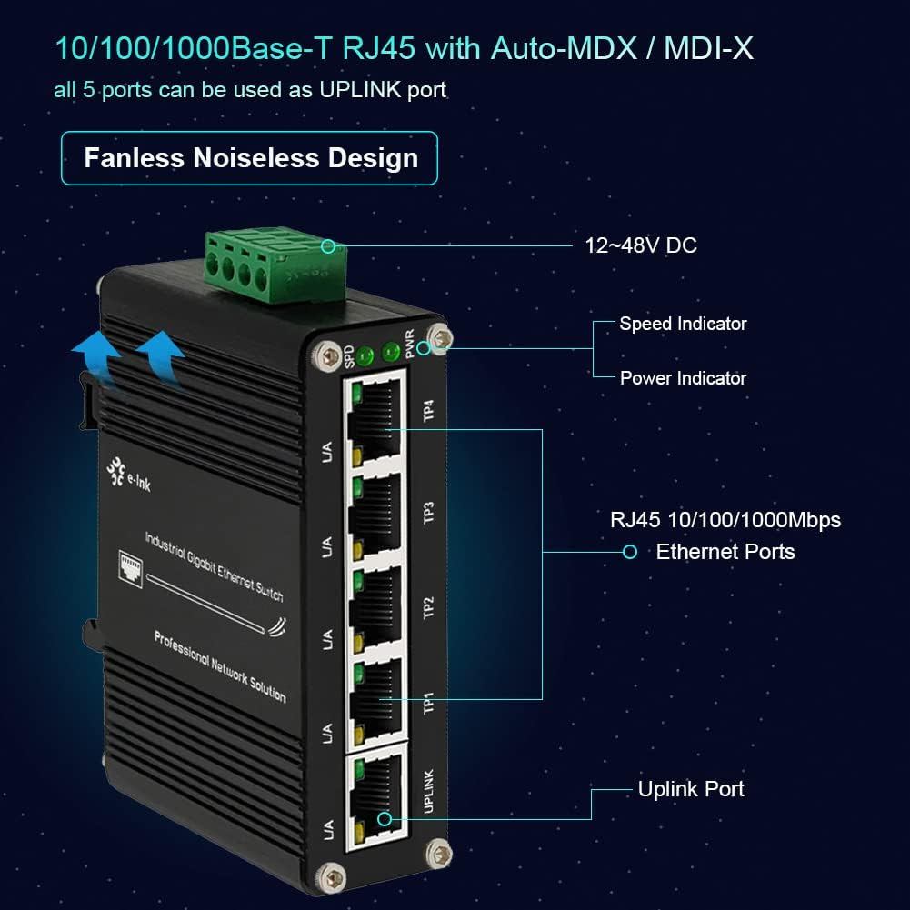 Mini Industrial 5 พอร์ต Gigabit Switch Hardened 5 พอร์ต RJ45 10/100/1000Mbps Ethernet Switch Din Rai