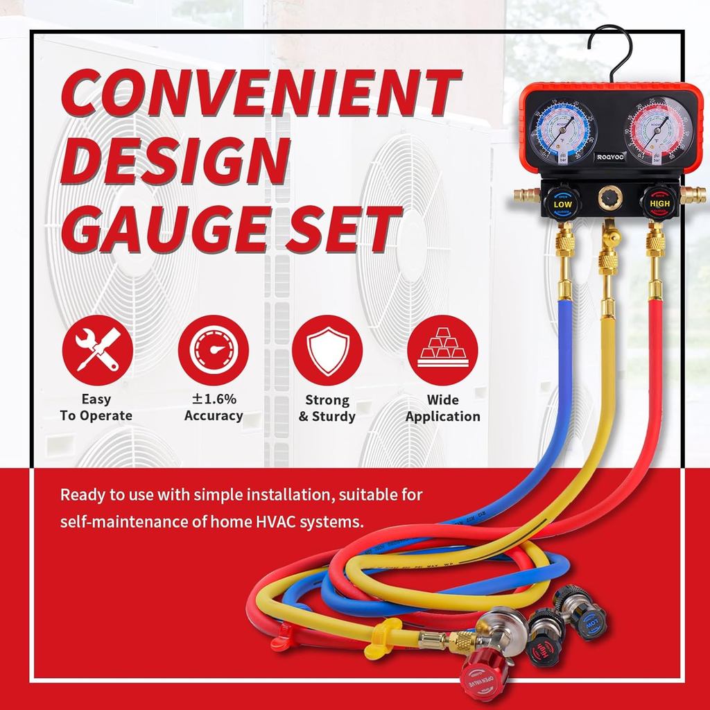 HVAC Manifold Gauge ชุดสําหรับ R22/R410a/R134a Refrigerant, 3 Way AC Refrigerant Gauges ชุด R22 R410