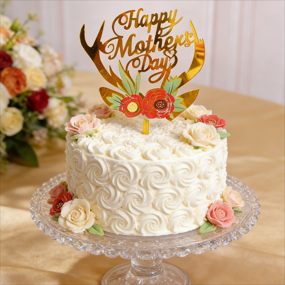 Gold พิมพ์ Antler Mothers Day Topper - กว้าง 12 ซม. Happy Mothers Day ตกแต่งเค้ก