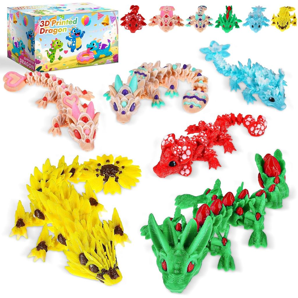 6 ชิ้นMulticolor 3Dพิมพ์มังกร,3Dพิมพ์Cherry Blossom Dragon,คุกกี้หัวใจมังกร,3Dพิมพ์ยืดหยุ่นArticulat