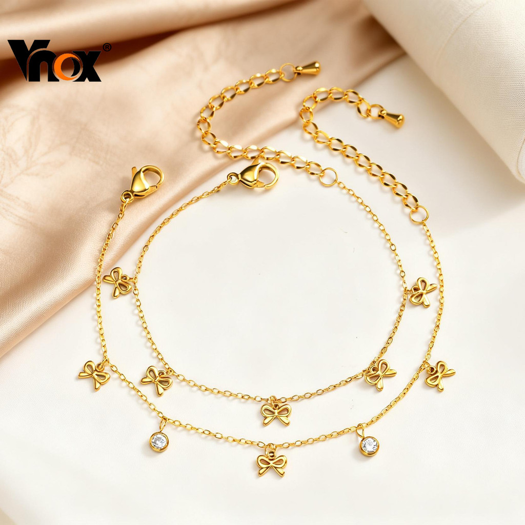 Vnox Dainty Bow สร้อยข้อมือผู้หญิง,Gold Plated Hypoallergenic สแตนเลสZirconกันน้ําริบบิ้น-Inspired Design Non-Tarnish เค