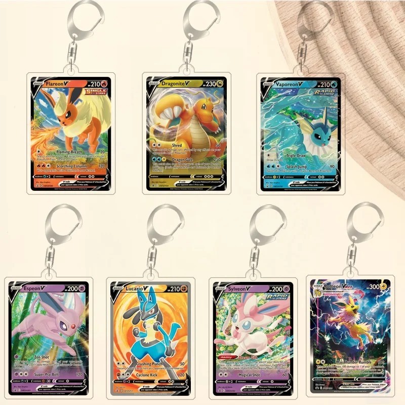 TCG mica พวงกุญแจโปเกมอนรูปการ์ดอะคริลิค Flareon Dragonite Vaporeon Espeon Lucario Sylveon อุปกรณ์ตก