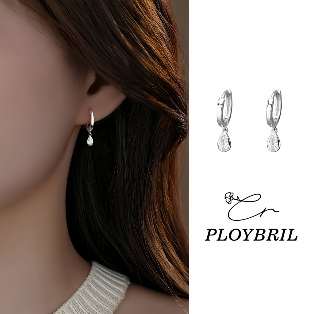PLOYBRIL ล้างสต็อกจากโรงงานตรง ต่างหู Tiny Drop ต่างหูเงิน  ตุ้มหูเพชร ต่างหูแฟชั่น Valentine ของขวัญ E061