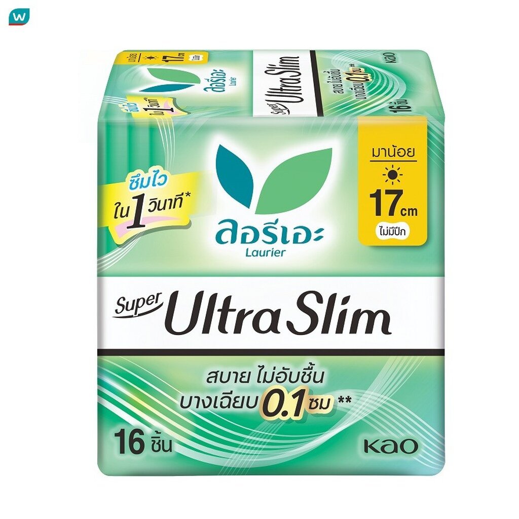 Laurier ลอริเอะ ซูเปอร์ อัลตร้า สลิม กลางวัน 17 ซม. ไม่มีปีก 16 ชิ้น