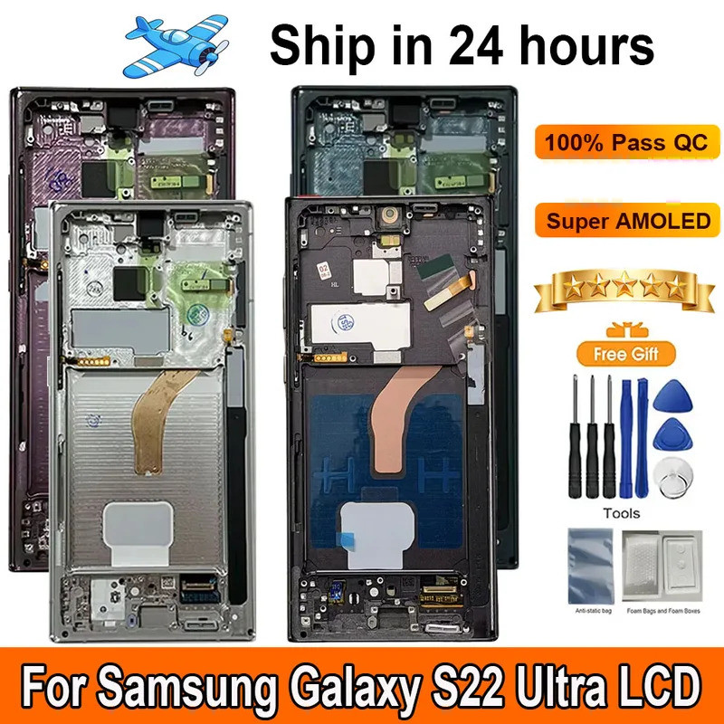 6.78AMOLED สําหรับ Samsung Galaxy S22 Ultra จอแสดงผล LCD หน้าจอสัมผัสพร้อมจอแสดงผลกรอบเปลี่ยน S908B 